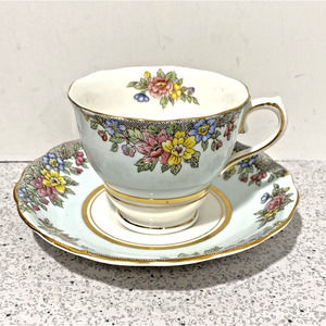 Colclough England Bone China Footed Tea Cup & Saucer Set Pale Blue & Floral